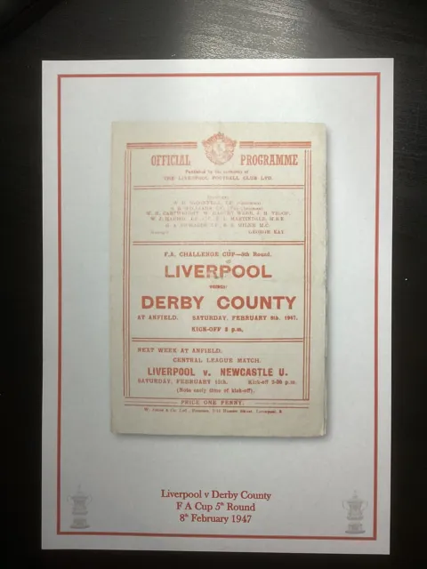 1946-47 Liverpool v Derby County FA Cup 5th Round Programme PRINT