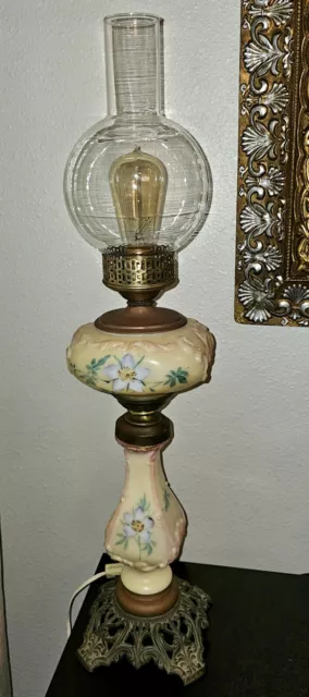 Beautiful LARGE 27.5" Antique Ornate 1800s brass glass Table Parlor Banquet Lamp