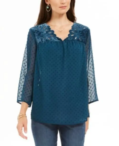 MSRP $60 Style & Co Mixed-Media Sheer-Sleeve Blouse Green Size Medium (NO TANK)