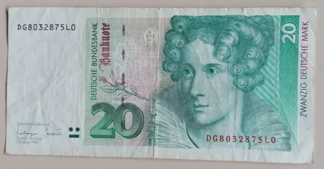 20 Mark Banknote BRD 1. Oktober 1993 Geldschein DG8032875L0 echt gelaufen