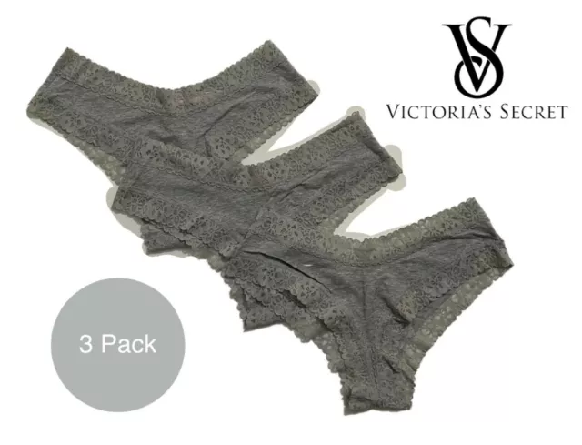 Victoria’s Secret Women’s Cheeky Grey Lacy Panties 3 Pack Cotton New All Sizes