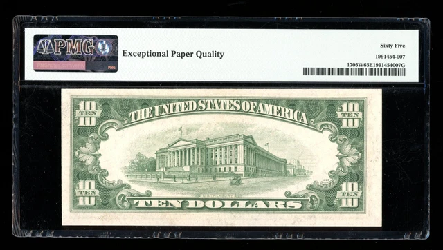 DBR 1934-D $10 Silver Wide Gem Fr. 1705W PMG 65 EPQ Serial B38871060A 2