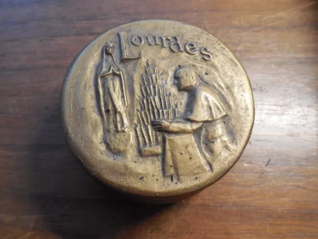 Vintage Gold Tone Our Lady of Lourdes Rosary Dresser Box Trinket Empty Wood