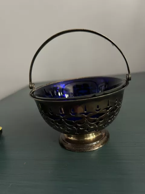 ANTIQUE STERLING SILVER SUGAR BASKET - COBALT BLUE GLASS INSERT LINER  126g