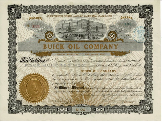 Buick Oil Company - 1912 - Certificate 400 Shares