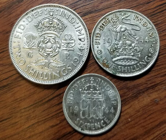 England Great Britain 6 Pence, 1 Shilling & 2 Shillings 1944 50.0% Fine Silver