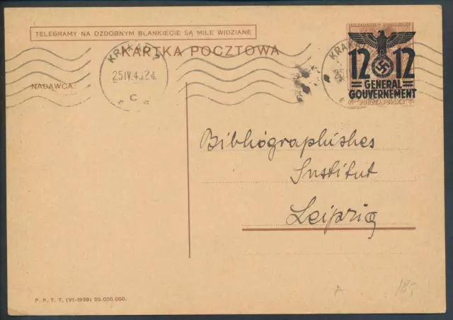 DR Ganzsache GS P4 auf braun Krakau 1940 Postkarte Generalgouvernement Überdruck