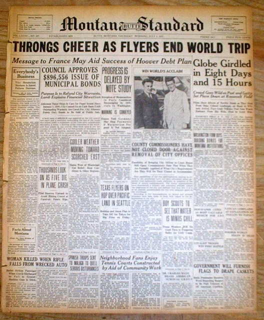 1931 HDLNE NEWSPAPER Wiley Post & Harold Gatty AROUND WORLD FLIGHT