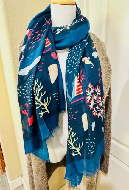 NEW!! Kate Spade Nautical Scene Oblong Scarf Ocean Sea Blue