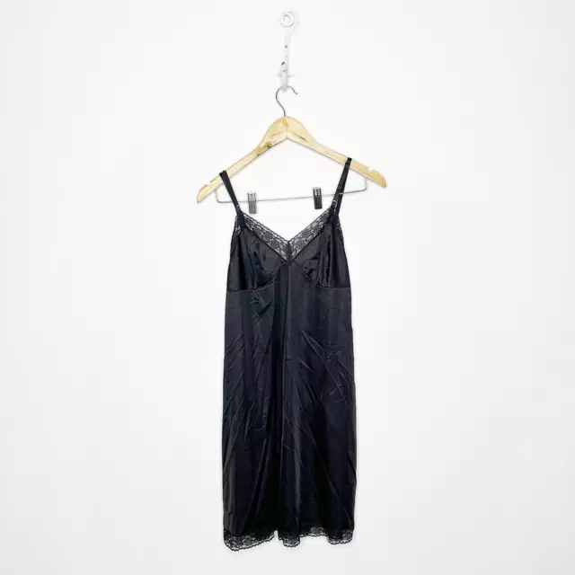 VTG 70s VANITY FAIR Nightgown Chemise Slip Lingerie Black Lace womens 34 SMALL