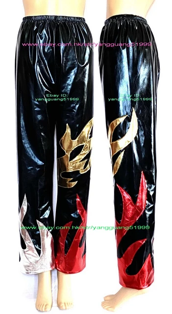 Black Shiny Metallic Men Flame Tights/Pants Unisex Wrestling Pants Trousers F875