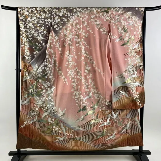 Woman Japanese Kimono Furisode Silk Crane Cherry Blossom Gold Silver LightPurple