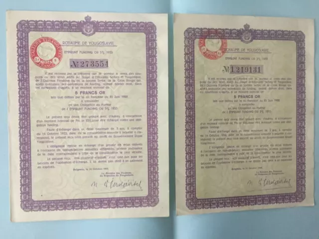 P99-Lot de deux rares EMPRUNTS or du Royaume de Yougoslavie 1933