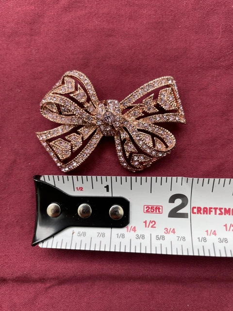 Vintage KJL Rose Gold Tone Pink Rhinestone Ribbon Bow Brooch J75