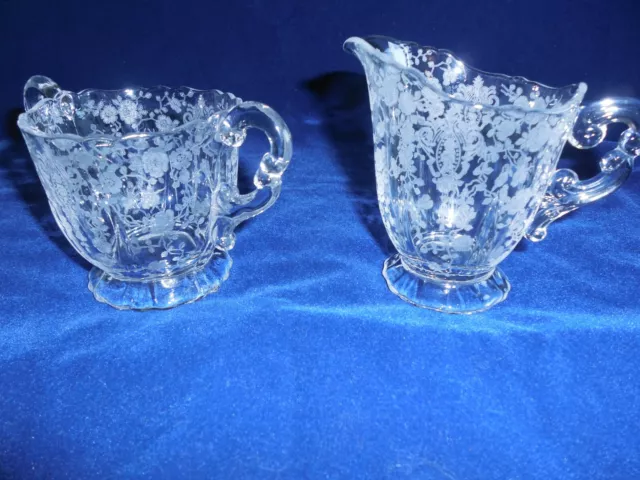 Cambridge Glass Rose Point Creamer and Open Sugar (Disc)