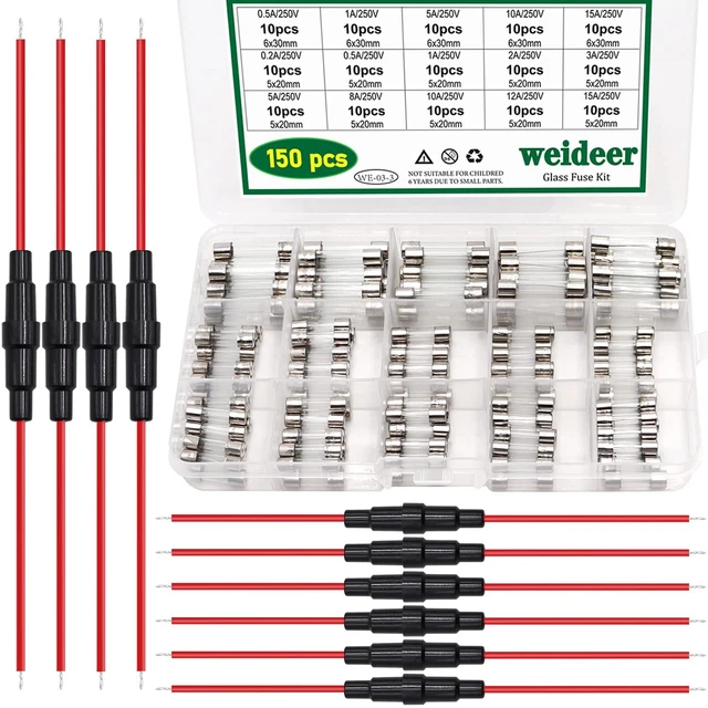 10pcs 5x20mm/6x30mm 18 AWG Inline Screw Type Fuse Holder + 15 Values 150 pcs Fan