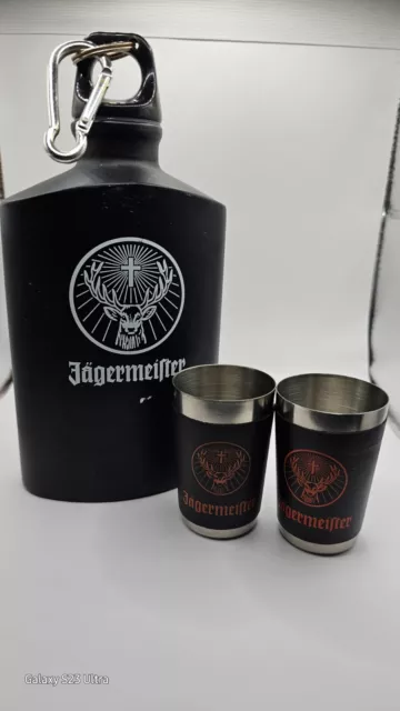 Jagermeister Black Flask Canteen Carabiner Two shot glasses faux leather