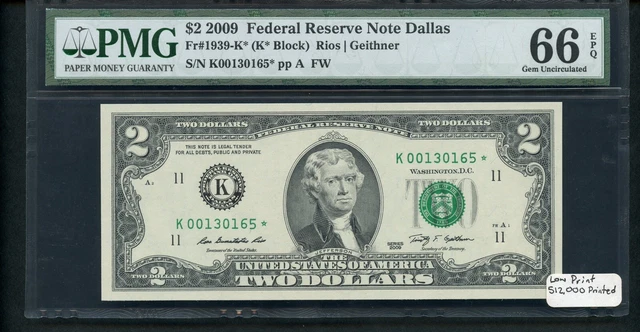 $2  2009 Federal Reserve Note Dallas, PMG 66 EPQ Gem Unc, Fr # 1939-K* Star Note