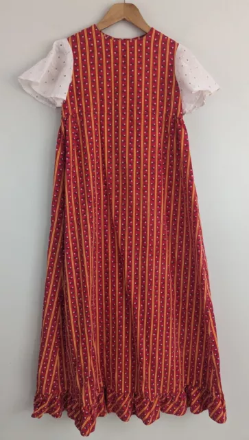 Vtg 70s Girls Maxi Dress Prairie Red Calico Stripe Flutter Short Sleeve Hippy
