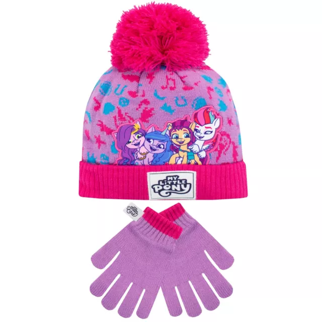 My Little Pony Hat & Gloves Kids Girls Bobble Hat Winter Set Pink Purple Lilac