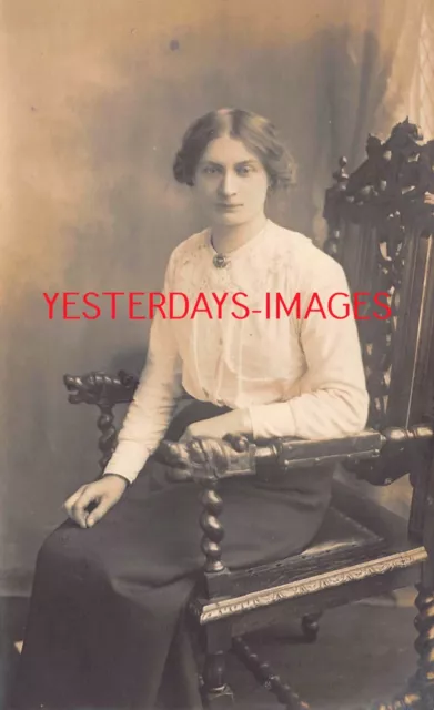 Woman Sitting Ornate Chair Romney Studio Whitehaven Studio Postcard (C188) c1917