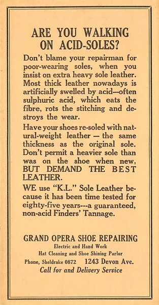 Grand Opera Shoe Repairing 1243 Devon Ave K L Sole Leathe sm advertising blotter