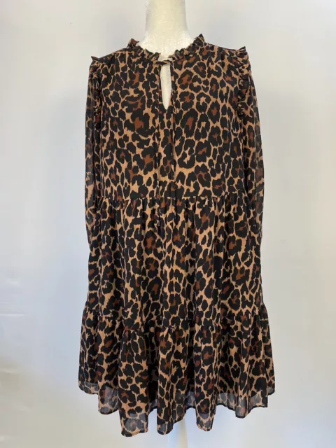 JCrew Women Tiered Babydoll Dress Leopard Crinkle Chiffon Brown Black Size   M