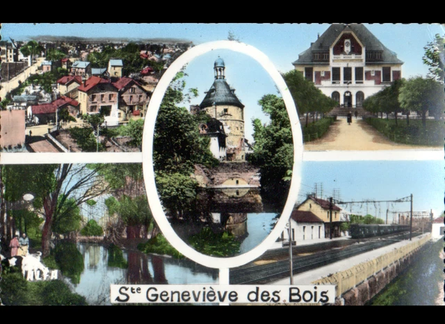 SAINTE-GENEVIEVE-des-BOIS (91) TRAIN en GARE ,MAIRIE , VILLAS & DONJON en 1965