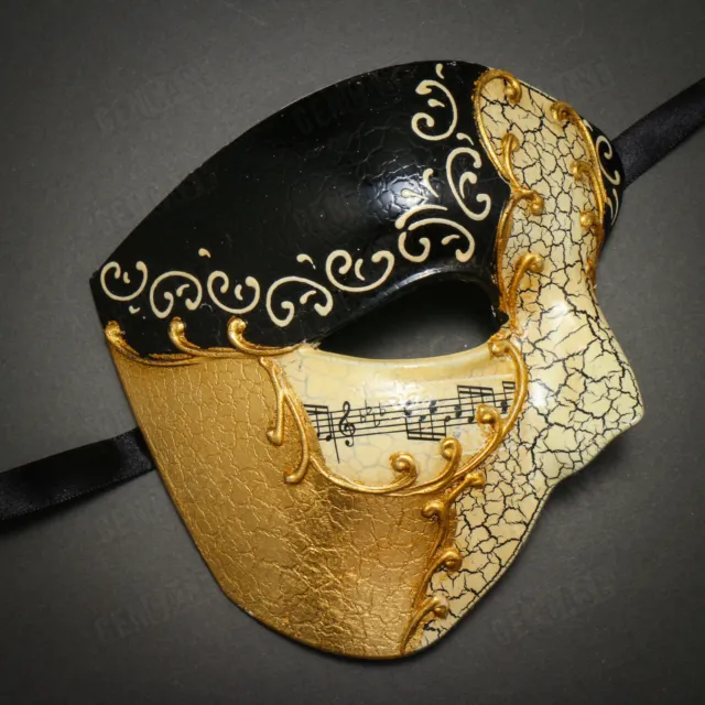 Half Face Phantom of Opera Masquerade Venetian Mardi Gras Mask - Black Gold