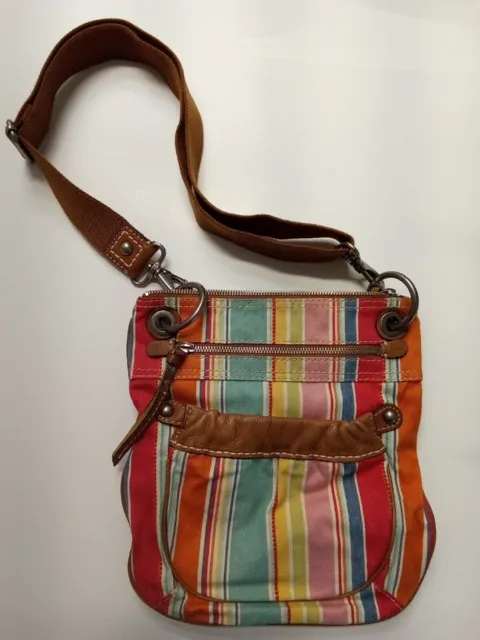 Fossil Colorful Striped Canvas Crossbody Shoulder Bag Purse Leather Trim Euc