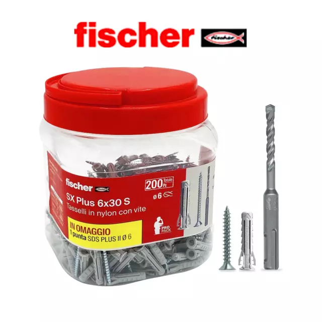 FISCHER Barattolo di 200 tasselli Fischer SX Plus 6x30 S e punta per trapano Ø 6