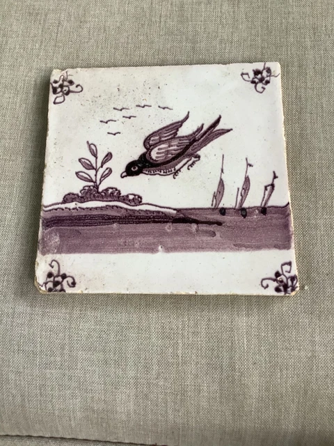 2 rare Antique 18th Century Manganese Delft Bird  Scene Tile 4
