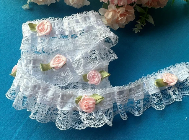 1 pulgada de ancho encaje con volantes color blanco con rosas rosa precio por yarda