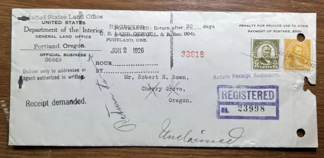 1926 US Dept Of Interior Land Office Penalty Cover Portland Oregon Registered