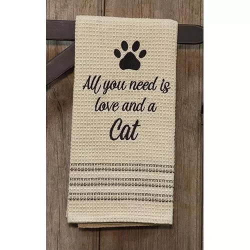 NEW Farmhouse Dish Towel ALL YOU NEED IS LOVE AND CAT Tan Black Tea Hand 20"x28"