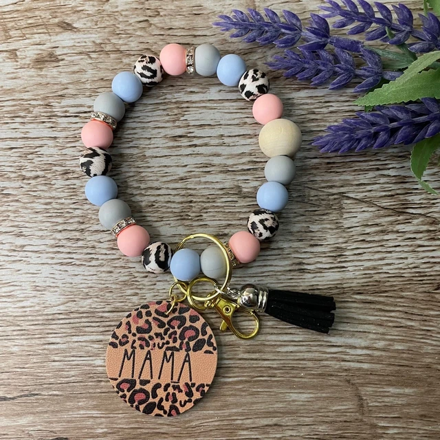 Wristlet Keychain Silicone Mama Cheetah Beaded Handmade Bracelet Gift Custom Key