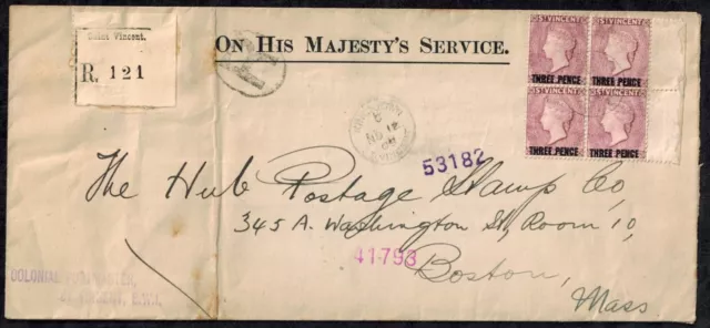 St. Vincent 1909 OHMS Official Postmaster Registered Cover w/Block of 4 SG 63