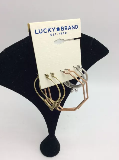 $39 Lucky Brand Three tone 3PC pave bead hoop earrings #500 2