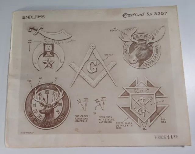 Cuero Artesano Patrón De Colección 1960 Emblema Alce Masónico Raro Plantillas VHTF 3257