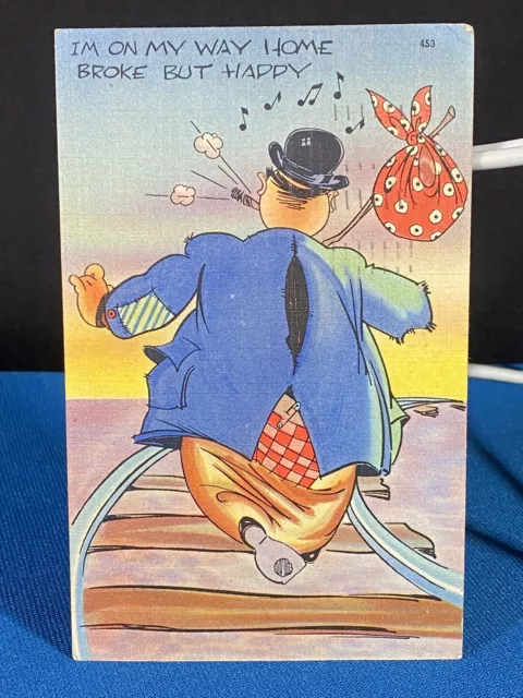On My Way Back Home Broke Hobo ca. 1944 Posted Comic Humorous Linen Postcard