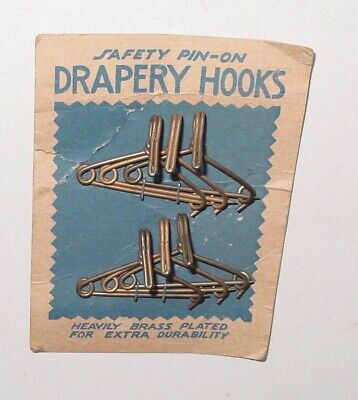 6 Vintage Brass Safety Pin Hooks 1 1/2” Drapery Curtain Twist Wire Hangers NOS