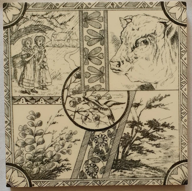 Rural Idyll Aesthetic Movement Tile. Date 1880. Minton Hollins. RARE.