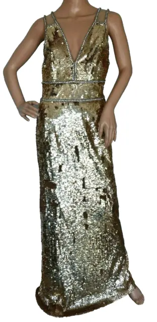 Jenny Packham Oriel Crystal Gold Sequin Long Tulle Gown Evening Dress UK 12 US 8