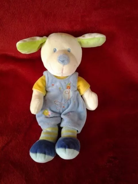 Doudou Peluche Mots D'Enfants Chien Blanc Jaune Salopette Bleu Oiseau Maison