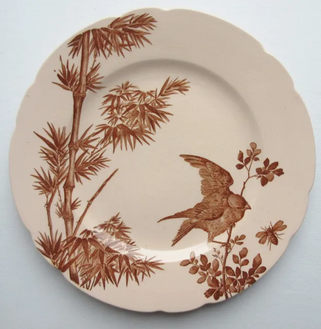 RARE Old French Art Nouveau pink plate, signed LONGWY: BIRDS model 3/4