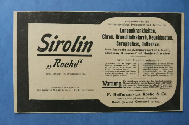 Ju1k) Reklame SIROLIN La Roche Basel Grenzach 1905 Arznei Werbung 19x11,5