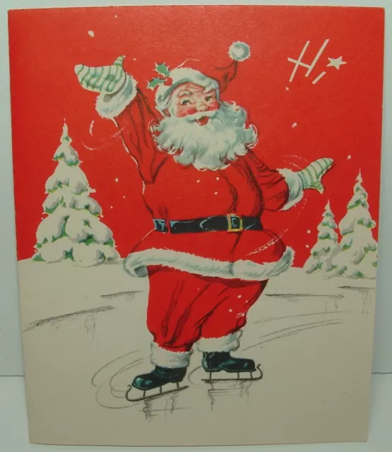 Santa on Ice Skates - 1950's Vintage Christmas Greeting Card