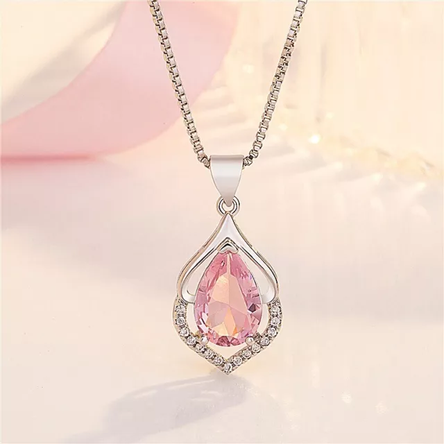 Pink Crystal Stone Pendant Necklace 925 Sterling Silver Womens Jewellery Gift UK