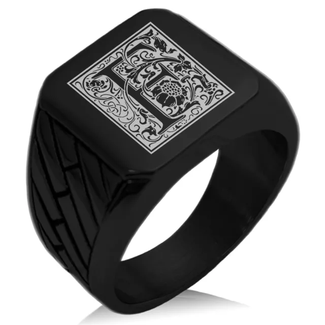 Stainless Steel Mens Royal Box Monogram Initial Large Square Black Signet Ring