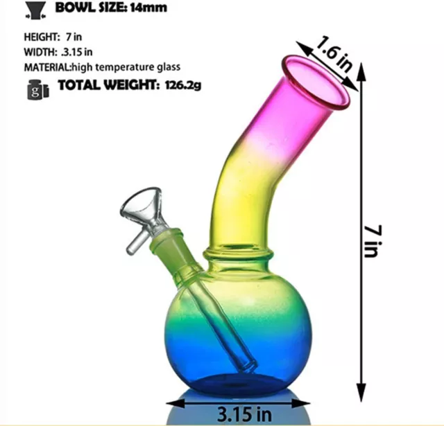 14MM - 7 INCH RAINBOW FROSTED LARGE GLASS BONG - Mini Water Pipe Shisha Hookah 3